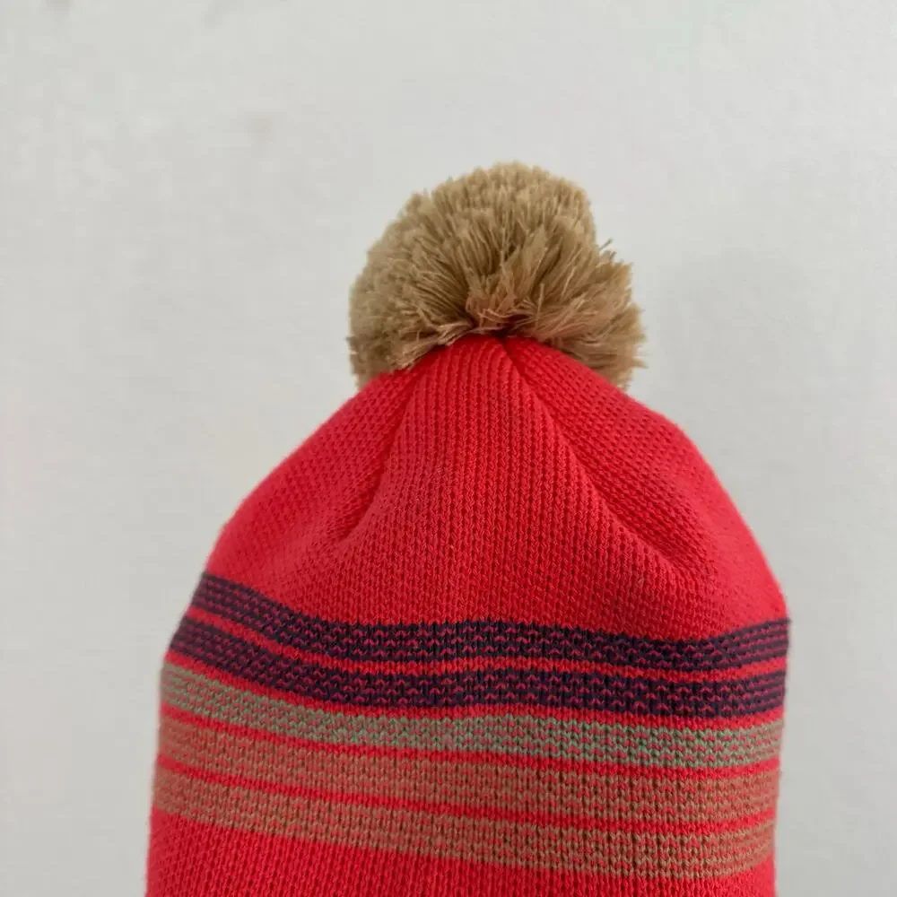 Patagonia Kid's Powder Town Pom Pom Beanie Forest Stripe Knit​ / Sumac Red OS